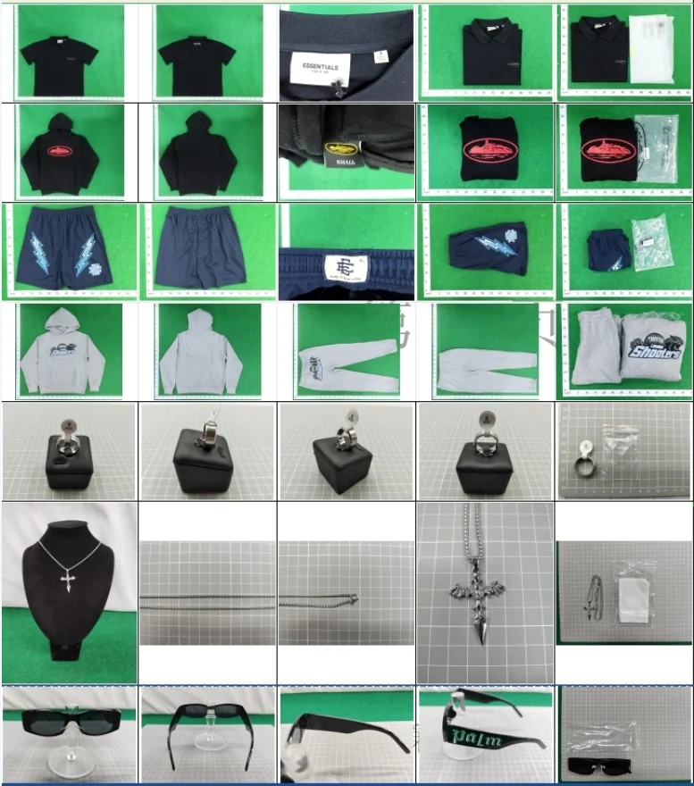 Official Sugargoo photography standard showing five shot sets for tops, hoodies, shorts, tracksuits, rings, necklaces and sunglasses