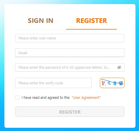 Sugargoo registration form with username, email, password and captcha fields