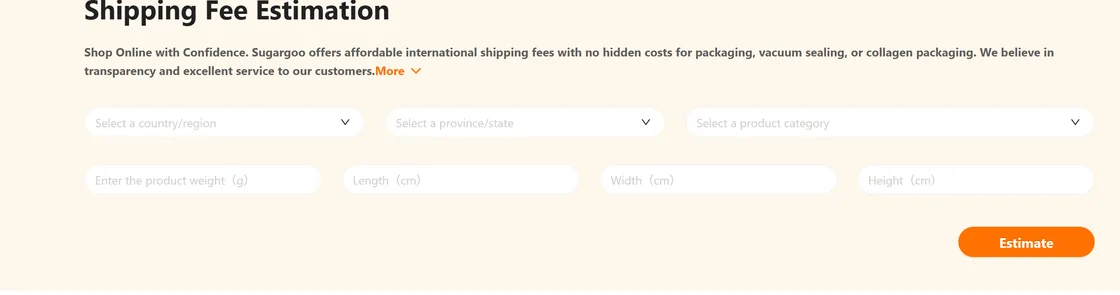 Sugargoo shipping estimator requesting destination, product category, weight and package length, width and height
