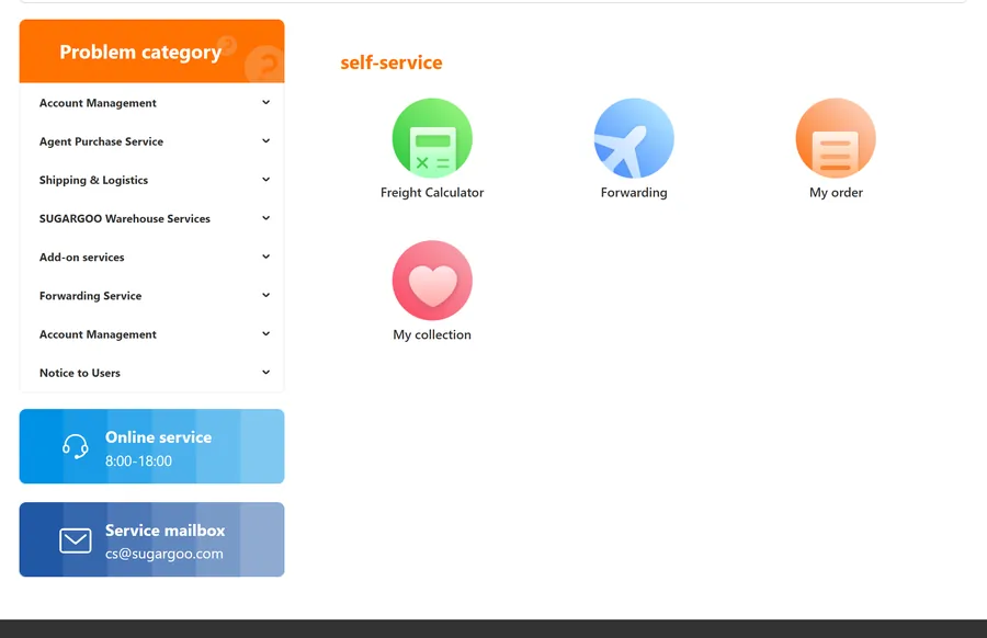 Sugargoo help centre categories: account management, agent purchase service, shipping and logistics, warehouse services, add-on services and forwarding