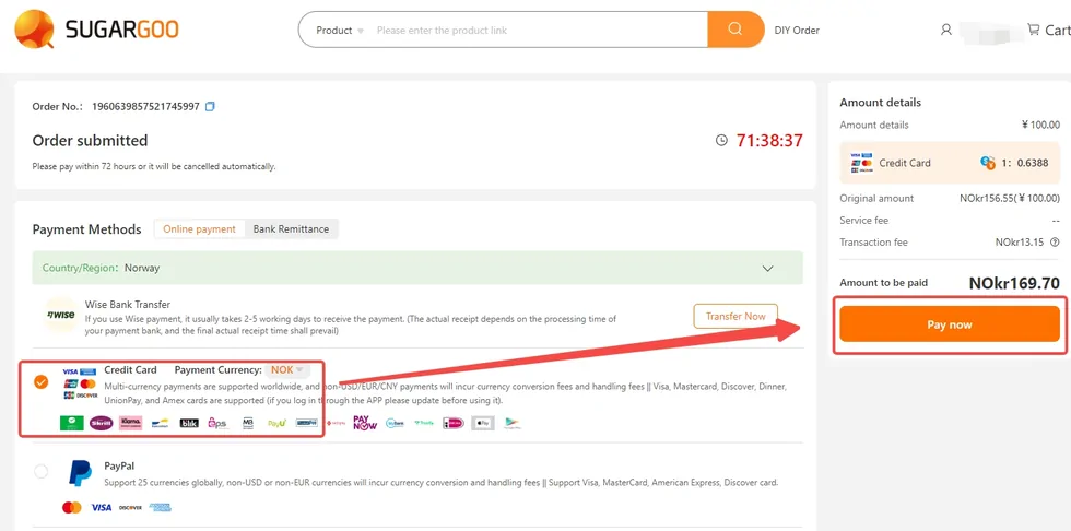 Sugargoo checkout with the payment method list open and the card option highlighted