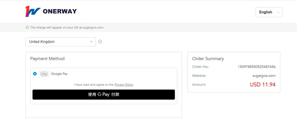 Onerway hosted checkout page showing the order summary and pay button